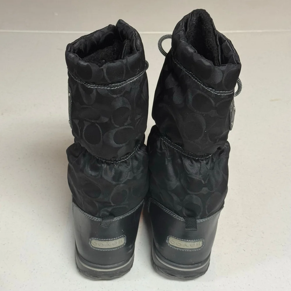 Coach Black Signature Mid-Calf Winter Snow Boots Women’s 7.5B Lace-Up Fabric & L